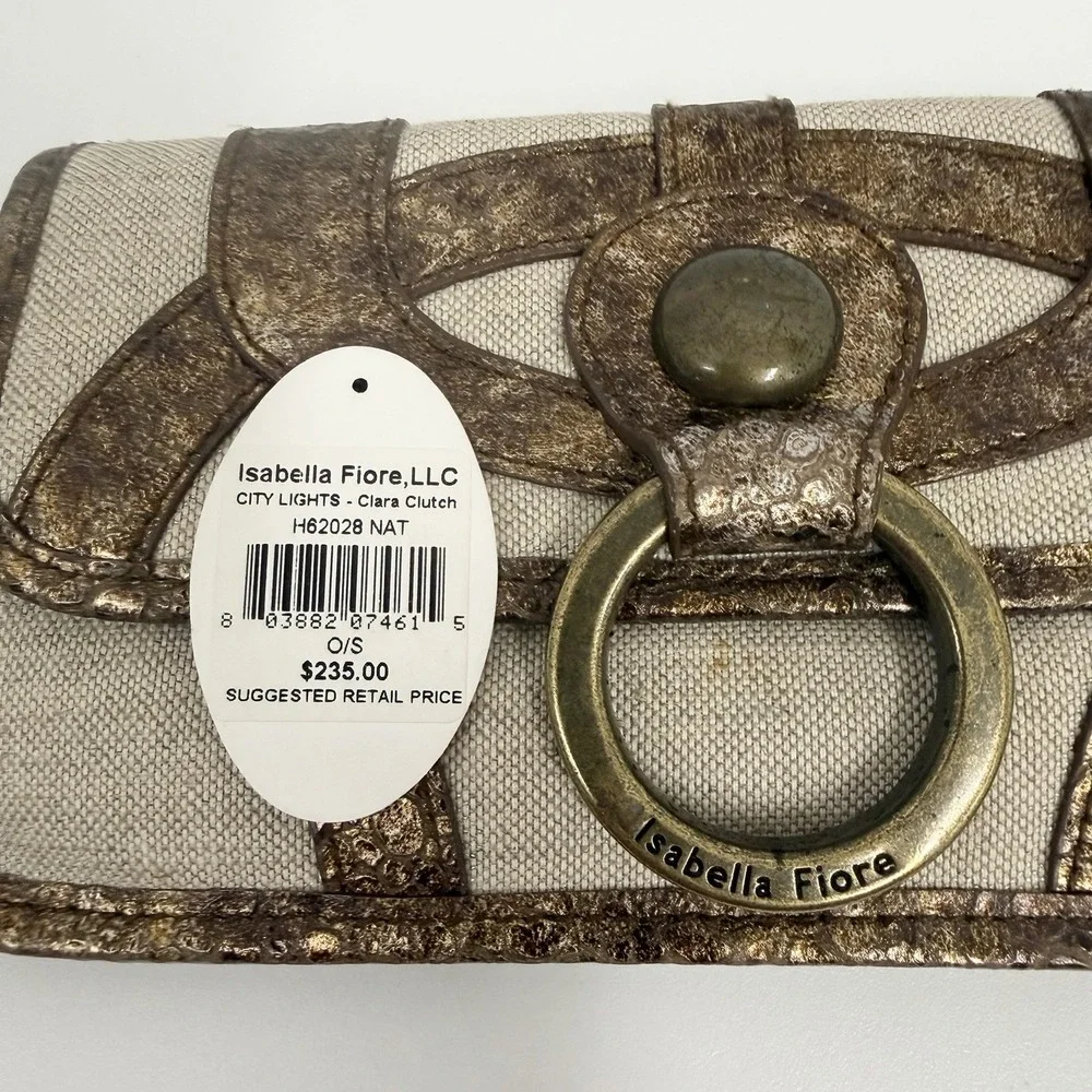 Isabella Fiore Clutch Bag Purse City Lights Clara Bronze Flax Leather & Linen